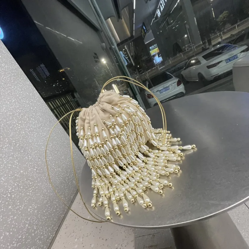 2025 New Woven Beaded Women Bag Irregular Pearl Silk Satin Handbag Evening Underarm Bag Single Shoulder Bag
