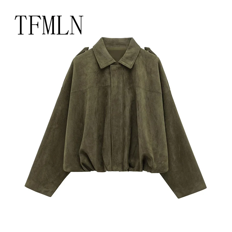 TFMLN New Fashion Suede Fabric Women Bomber Jackets 2025 Causal Long Sleeve Zipper Loose Coats Cropped Jacket Outwear