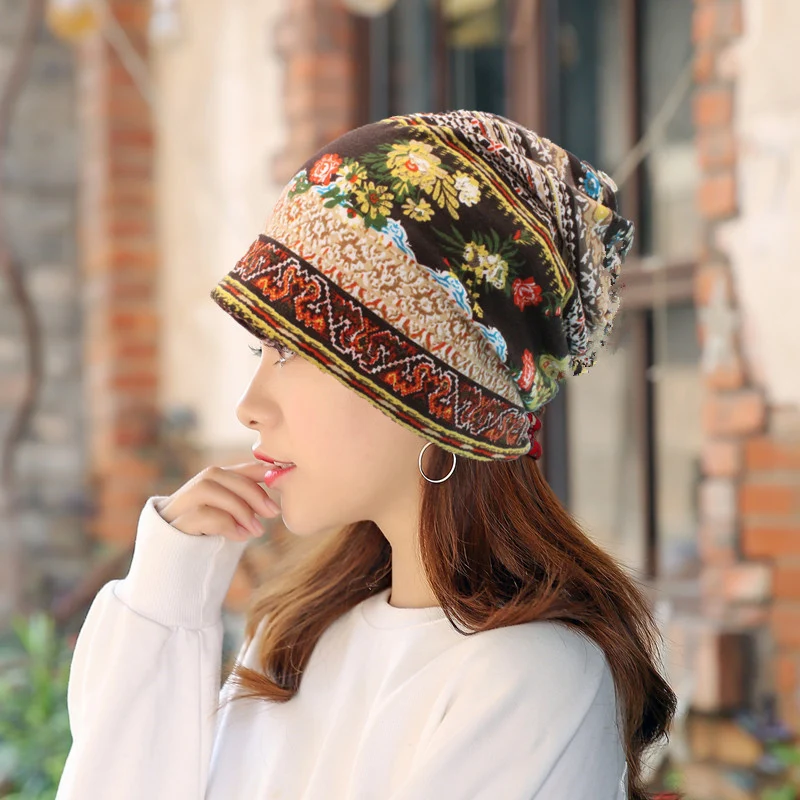 Floral Print Women Hat Scarves Autumn Winter Dual-use Vintage Hats For Women Skullies And Beanies Women Scarf Face Mask