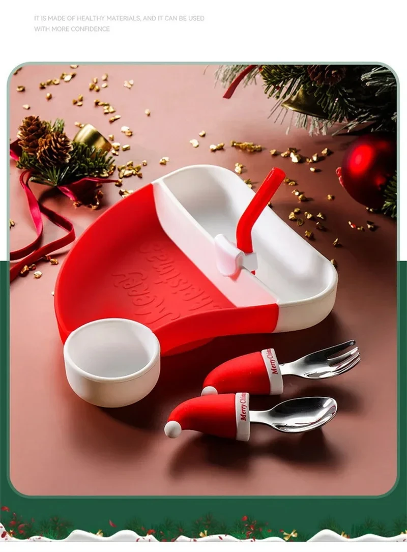 304 Christmas Gift Children's Stainless Steel Tableware Set Children's Silicone Handle Christmas Hat Short Handle Fork Spoon Bab