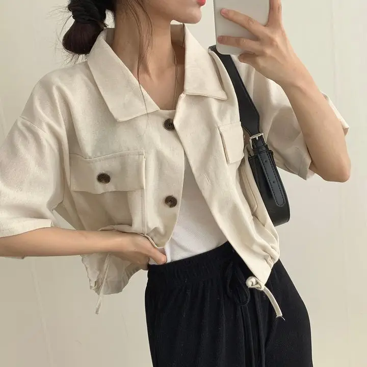 Nichechic 우아한 자른 Drawstring 허리 장착 루즈 피트 셔츠 자켓 여성 여름 새로운 얇은 자켓 스몰 탑