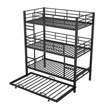Triple Bunk Bed with Trundle Metal 3 Single Beds 2 Ladders Safety Rails Sturdy & Stylish Twin/Twin/Twin Space-Saving Design 6
