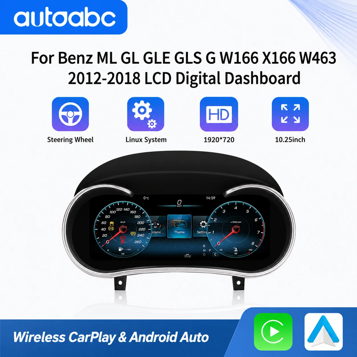 Panel de instrumentos LCD de 10.25 pulgadas con Carplay y Android Auto inalámbricos para Mercedes Benz ML GL GLE GLS W166 X166, velocímetro para coche. 1