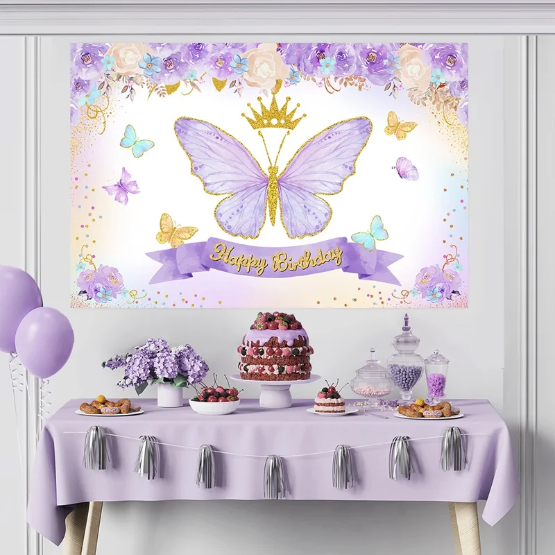 Purple Butterfly Birthday Decorations Tableware Backdrop 1st Birthday Party Kids Girl Baby Shower Baptism Gender Reveal Supplies