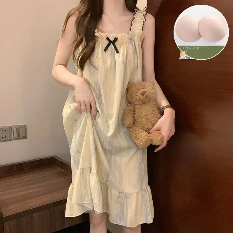 여성용 여름 코튼 잠옷, 가슴 패드, 공주 스타일, 얇은 가정용 야외 착용, 통기성 편안한 캐주얼 잠옷