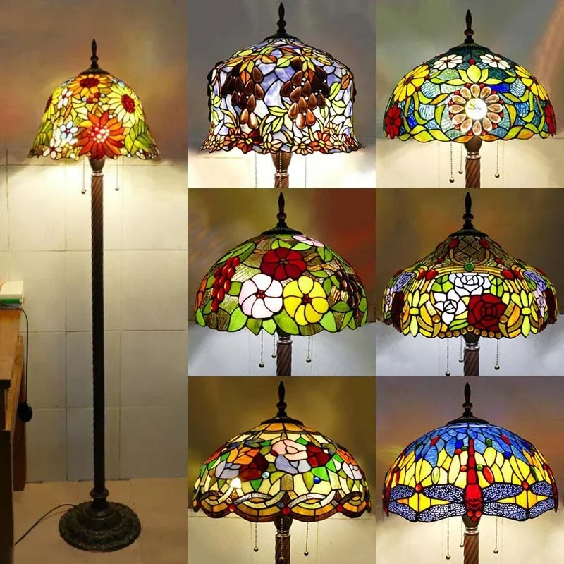 

TEMAR Tiffany Floor Lamp American Retro Living Room Bedroom Lamp Country Stained Glass Floor Lamp