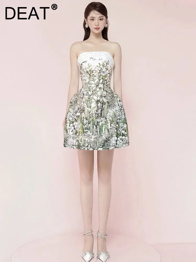 

DEAT Women Fashion Dress Backless Strapless Flower Print Zipper High Waist Pleated Evening Dresses Spring 2024 New 13DB3219