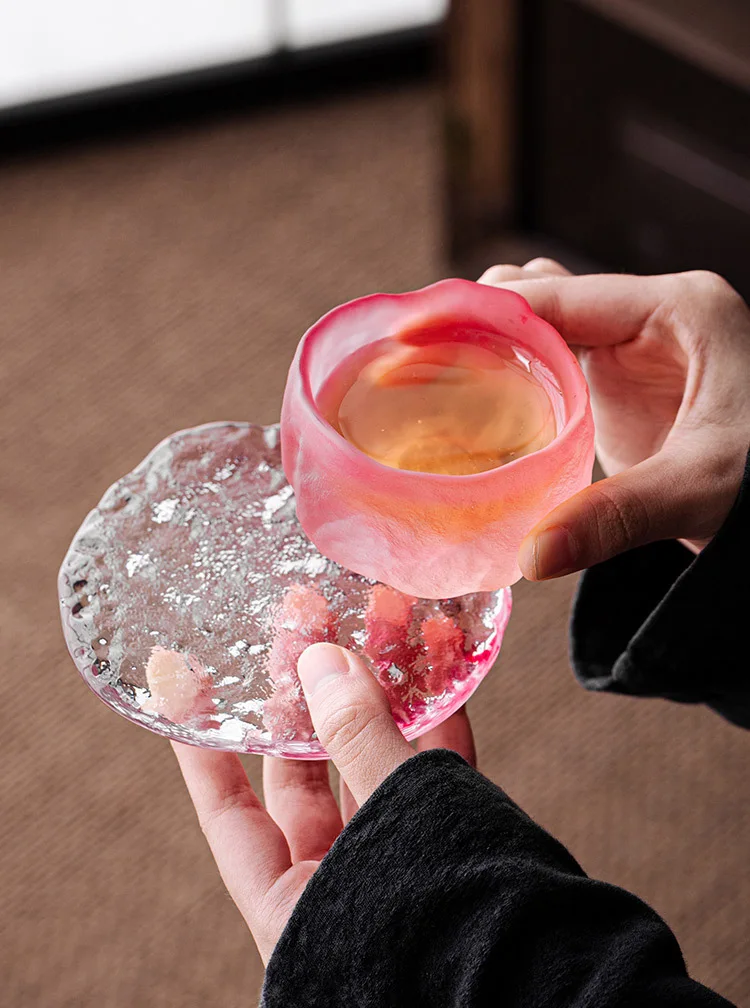Description Picture 2 of itemJapanese Pink Teacup for Women Crystal Sake Cup Colored Glaze Small Kungfu Flower Tea Cup Coaster Color Enamel Sakura Cup