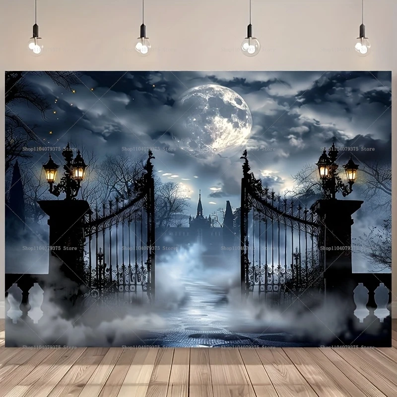 Halloween ghost night castle and pumpkin lantern photography backdrop wall décor