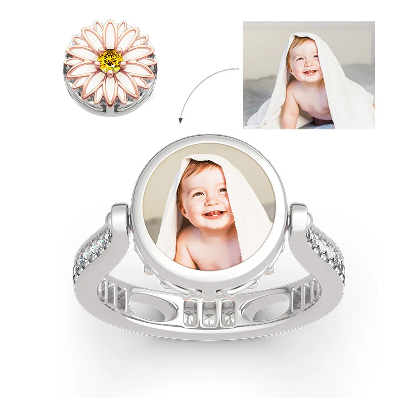 

Jeulia "Blooming Daisy" Sterling Silver Personalized Photo Ring (With A Free Chain) Pet Photo Customization Spinner Ring Jewelry