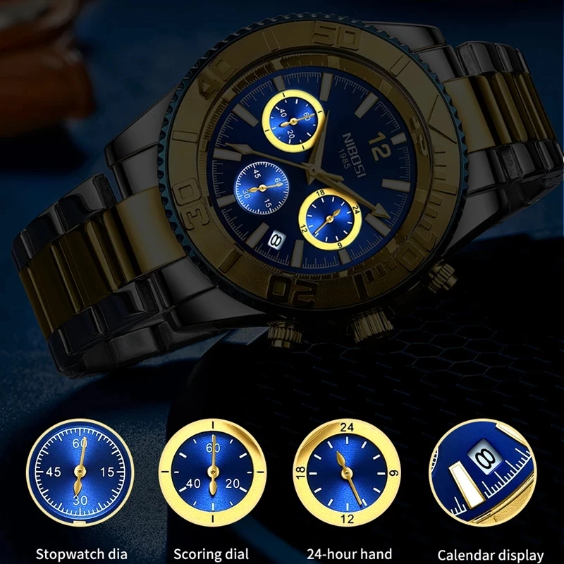 NIBOSI Brand Sport Men's Watches Stainless Steel Chronograph Quartz Watch Men 24 Hour Luminous Blue Wristwatch Relogio Masculino