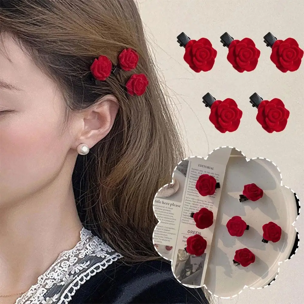 

5pcs Red Velvet Flower Hairpin Retro Elegant Women Wedding Hair Girls Barrettes Party Clip Rose Accessories Side Hair N1R6
