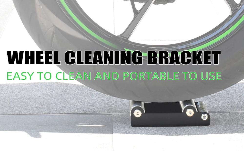 Motorcycle wheel positioned on the cleaning stand