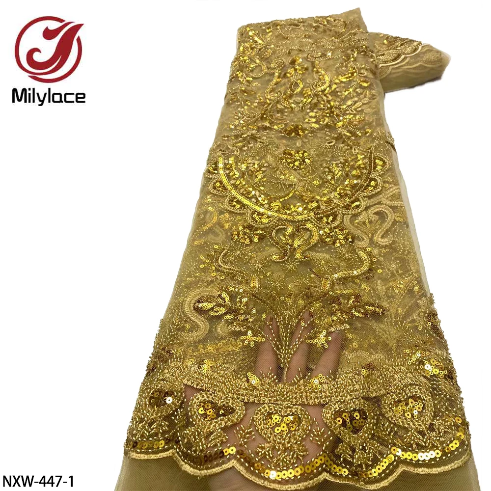 

Luxurious Sequin Beaded Tulle Lace Fabric High Quality Embroidery French Mesh Tulle Lace for Evening Dress NXW-447