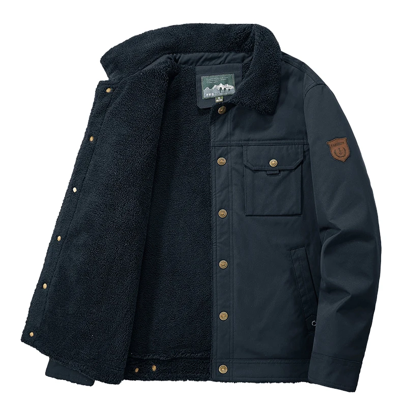 Men's Lapel Thicken Plush Jacket Pilot Military Jacket Button Embroidered Coat Oversized Casual Army Bomber Tactical Jackets