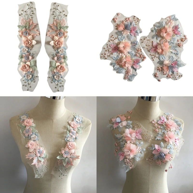 2 Stück Perlen-Blumen-Spitzenbesatz-Applikation, bestickt, zum Nähen, Basteln mit Pailletten für Kostüm, Kragen, Dekoration, DIY-Zubehör – Detail 9