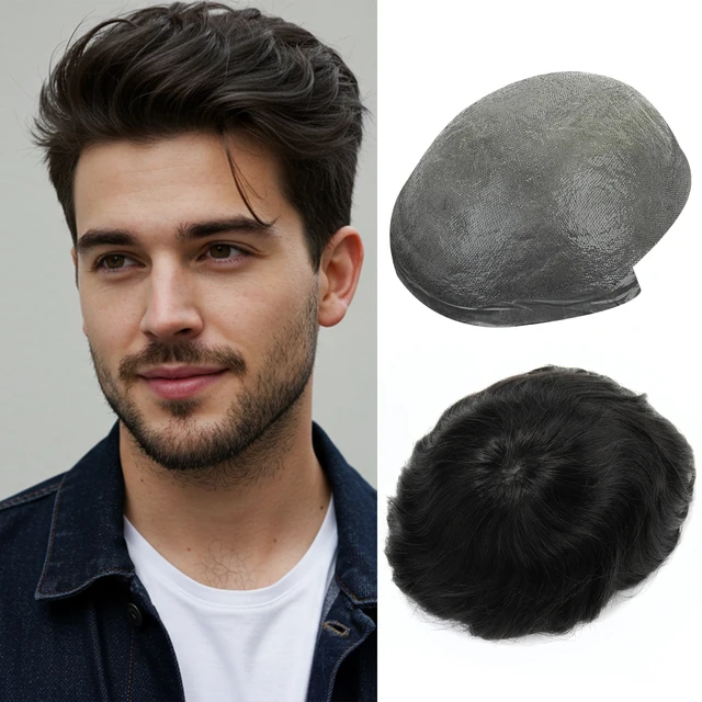 Beeos Système capillaire pour hommes de 6 pouces, 0,06 mm, systèmes de remplacement capillaire, base ultra-fine, toupet pour hommes, prothèse capillaire homme, cheveux humains 1