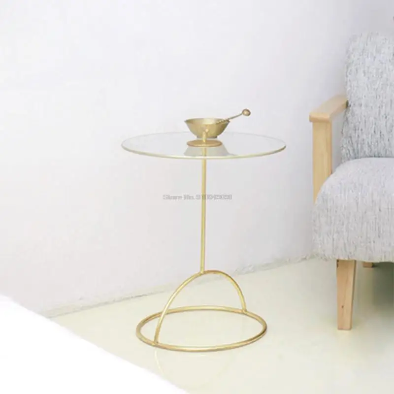 Simple Household Golden Round Table Tempered Glass Small Coffee Table Electroplating Process Movable Sofa Side