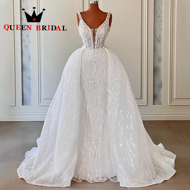 

Exquisite Pearls Sequined Lace Wedding Dresses Spaghetti Straps Detachable Train Bridal Gowns Vestidos De Novia Custom Y63X