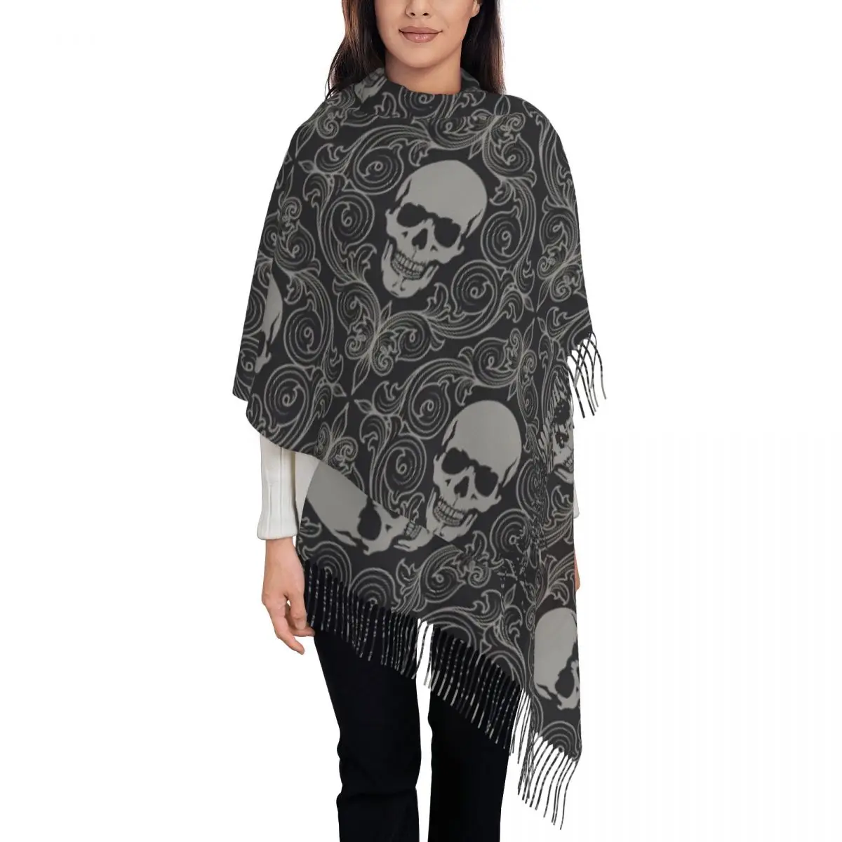 

Cool Skull Doodle Scarf Men Women Vintage Scarves Wraps with Tassel Winter Popular Shawls Wrpas Warm Soft Designer Bufanda Mujer