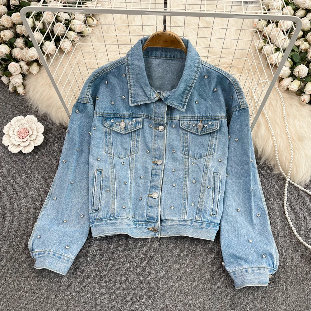 

Beaded Denim Jacket Women's 2022 Autumn and Winter Loose High Waist Jacket