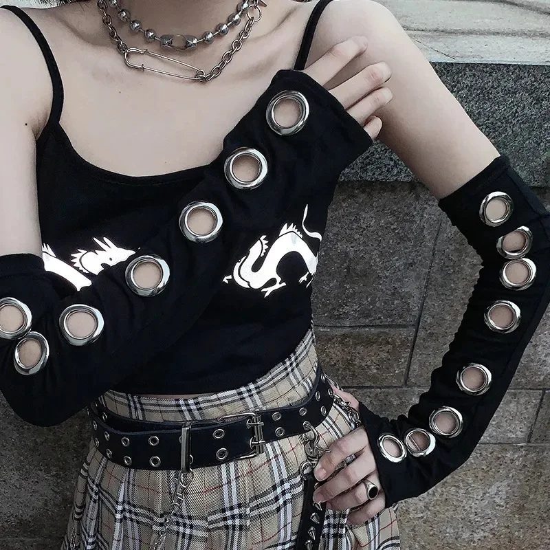 

Women Half Finger Metal Buckle Belt Rivet Punk Hip Hop Party Cosplay Dance Mitten Sexy Black Fingerless Milk Silk Glove