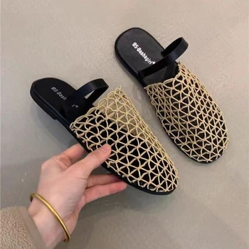 Woven Mesh Flat Slippers for Women Lightweight Breathable Open Toe Casual Sandals Black Trim Mule Shoes Summer Beach Walking 1
