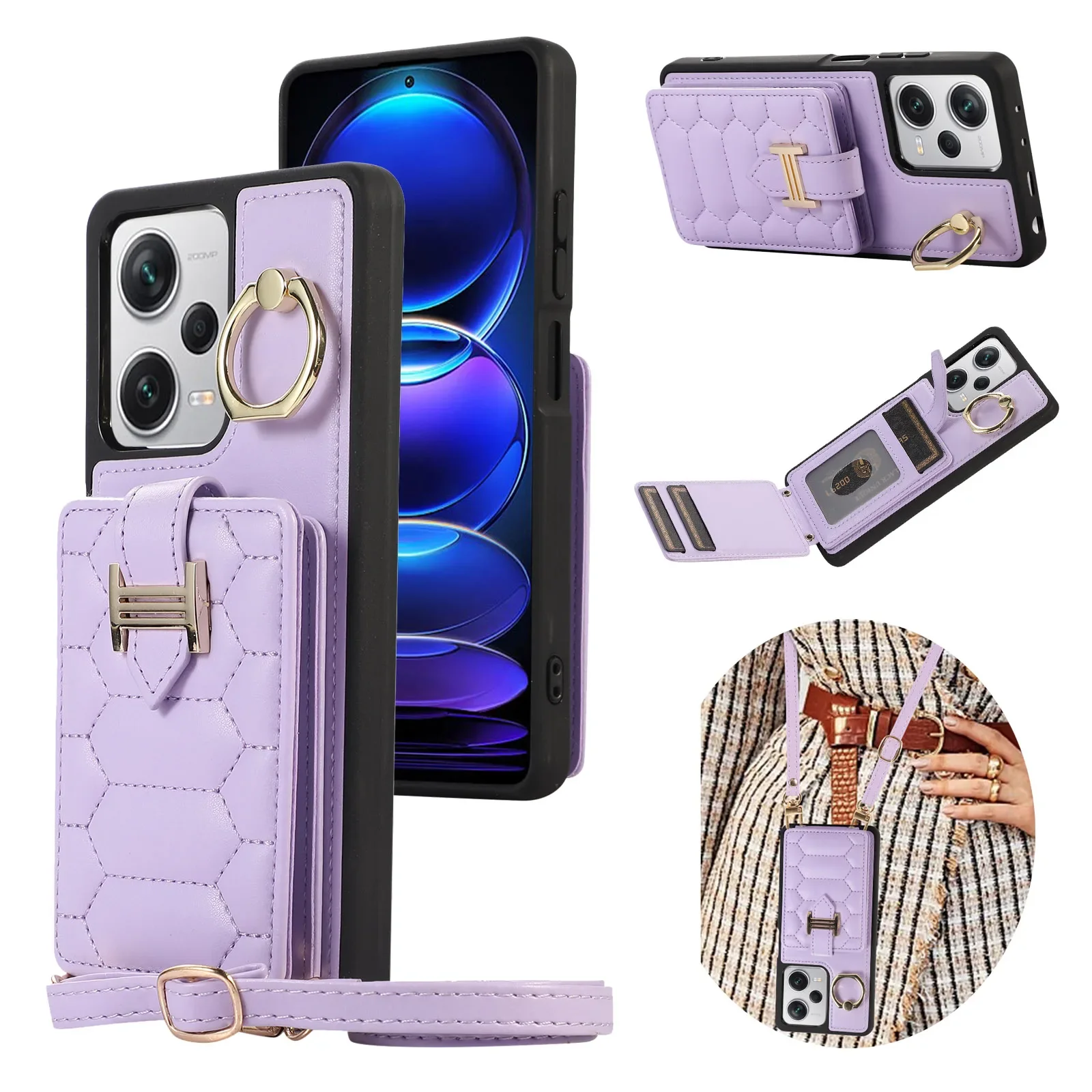 

Crossbody Lanyard Phone Case for Xiaomi Redmi Note 11 Pro Note 12 4G 5G 12C Fashion Folio Leather Card Slots Ring Holder Cover