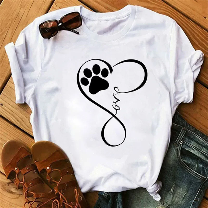 

Забавная женская футболка Love Heart paw, мультяшная Футболка Harajuku kawaii, топы, футболка с коротким рукавом, милые женские футболки