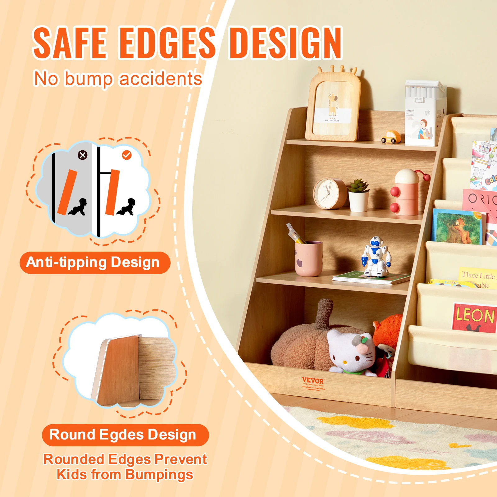 VEVOR 4-Tier Kids Wooden Bookshelf Six-Layer Sling Bookcase Baby Storage Book Rack for Kids Room Playroom Kindergarten Nursery 4