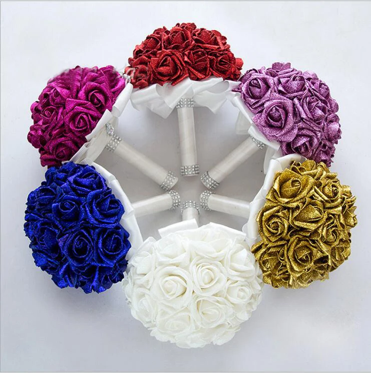 

Free Shipping Bright powder Foam Flowers Luxury Wedding Bridal Bouquets Red/Gold/Royal Bule/White Roses For Wedding