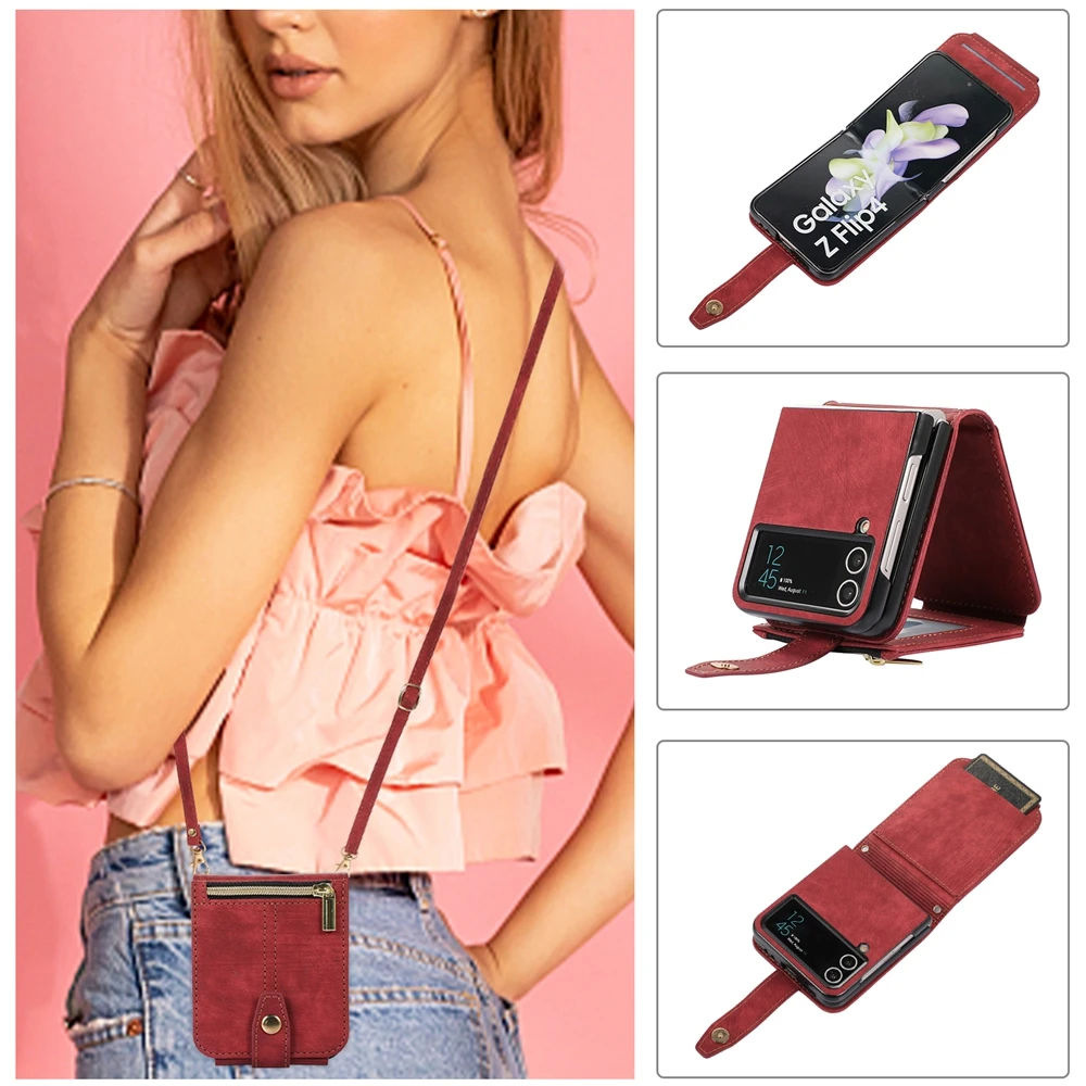 Crossbody Leather Wallet Case with Zipper Phone Cover & Lanyard Strap