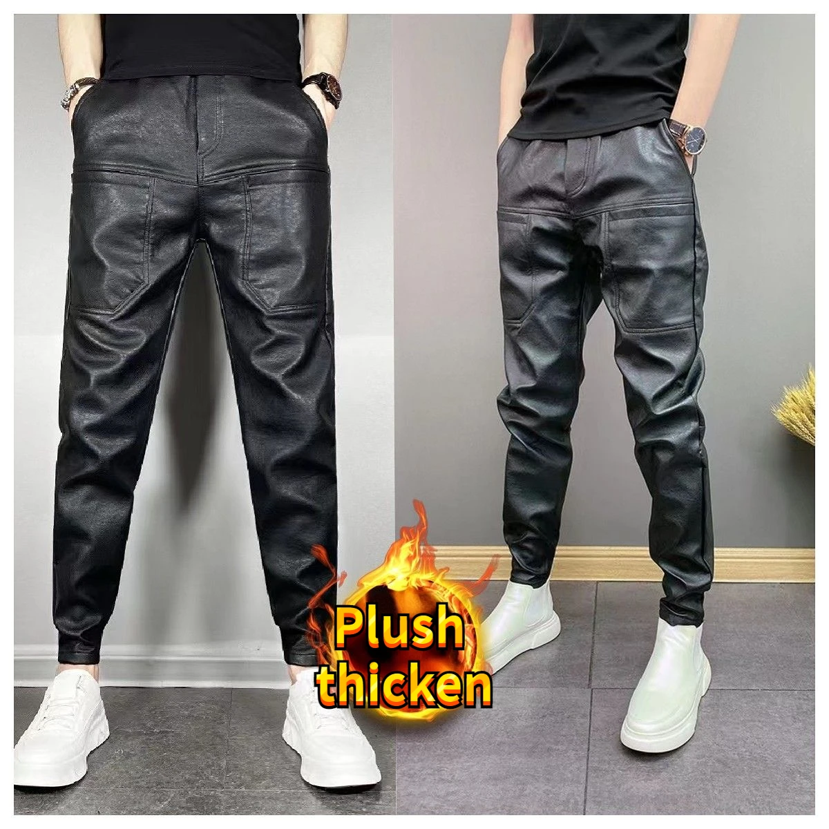 Men Trousers Men's Winter Luxury Korean Style Thermal Line Brushed Long Pants Slim Fitting Thickened Black PU Leather Trousers