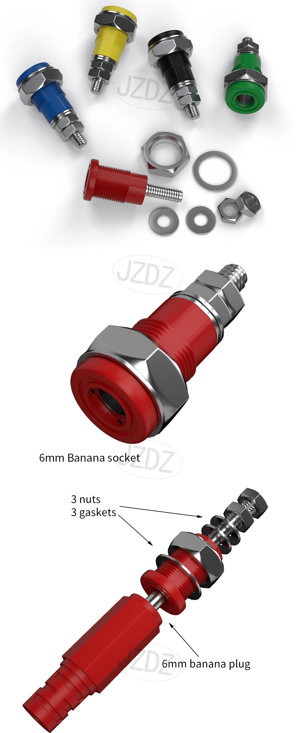 JZDZ 5PCS 6MM Bananen Buchse Binding Post Mutter Bananen Stecker Jack Elektrische Stecker Terminal Test Loch DIY Teile J.40028 – Detail 2