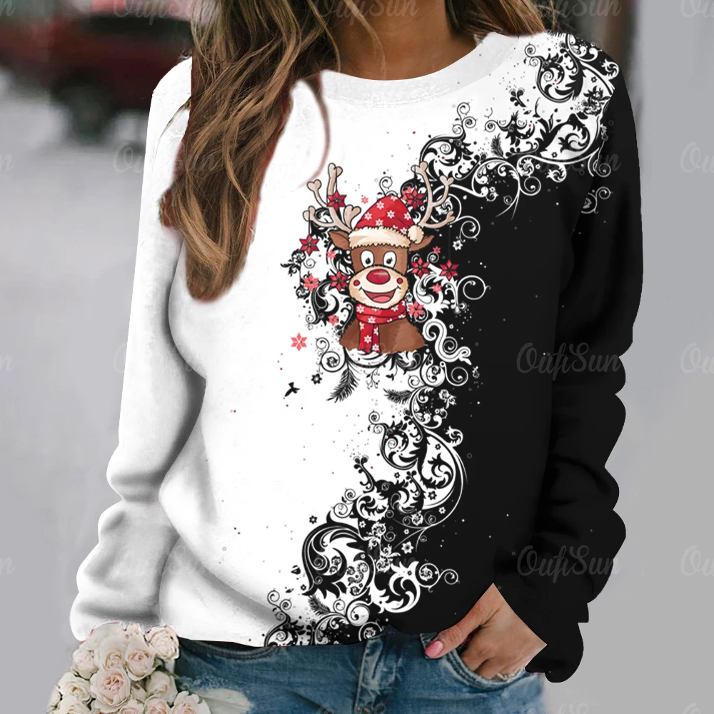 

Christmas Elk Graphic Cotton T-shirt For Women Autumn O Neck Oversized Sweater Tops Female Harajuku Casual Long Sleeve Pullover