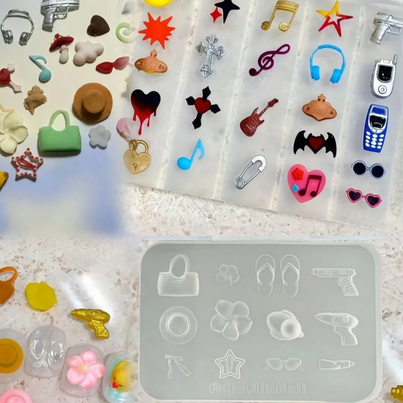 2피스 세트 네일 아트 몰드 콤보 - 아일랜드 휴가 모자 물총 레트로 악기 패션 폰 노트 DIY 네일 아트 스텐실