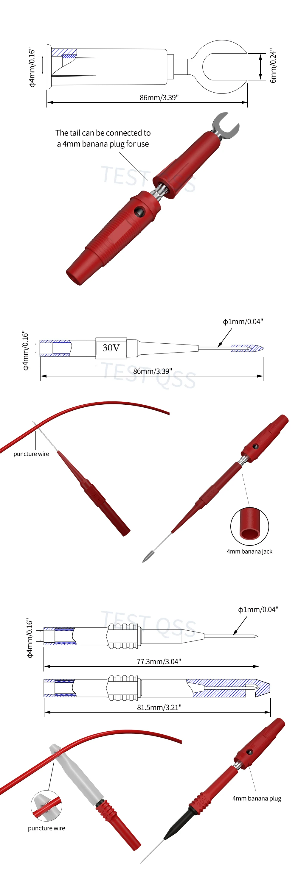 QSS-Multimeter-Messleitungen-Set, digitales elektrisches Prüfspitzen-Set mit Krokodilklemmen, Testpinzette, Draht-Piercing, hinterer Sondenstift – Detail 4