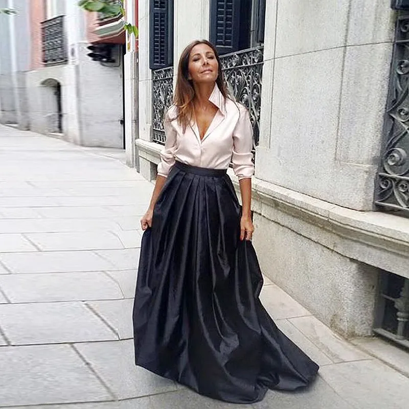 Black Women Formal Long Skirts A Line High Waist Satin Long Maxi