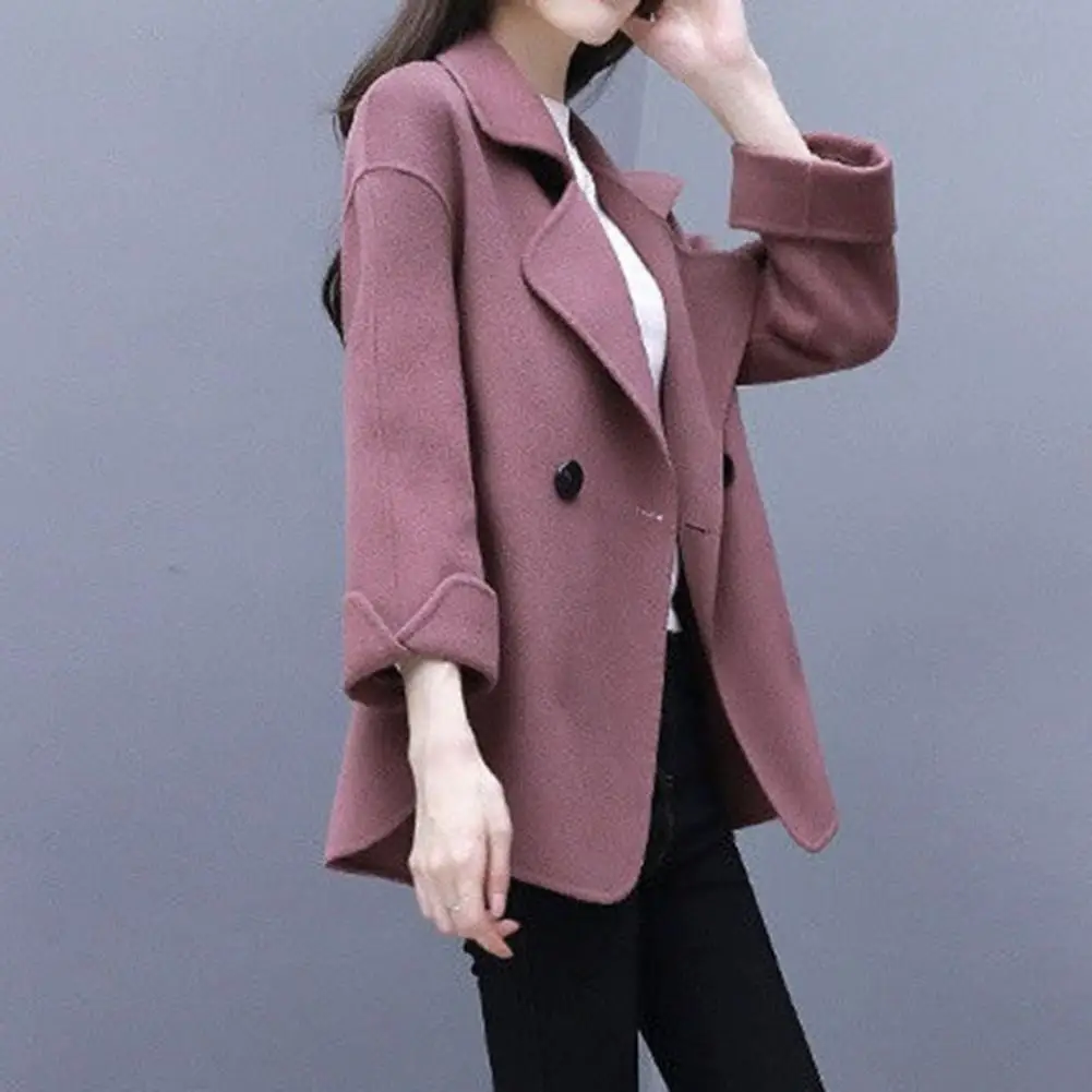 

Warm Women Coat Stylish Women's Mid-length Woolen Coat Loose Fit Turn-down Collar Double Buttons Ideal for Fall/winter Fashion
