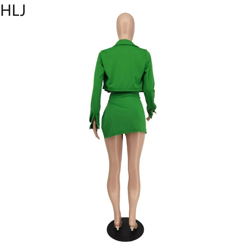 HLJ Sexy Multicolour Slit Button Mini Skirts Two Piece Sets Women Long Sleeve Crop Top+Skirts Outfits Female Nightclub Clothing