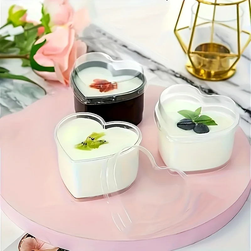 10sets Disposable Heart-Shaped Mousse Cups with Lids, Party Deli Snack Containers, DIY Catering Supplies for Home Gatherings
