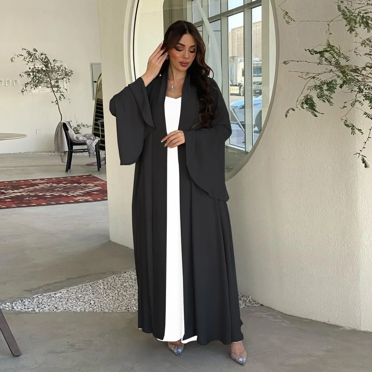 Eid Plain Open Abaya Kimono Femme Musulmane Turkey Muslim Long Dresses Ruffle Sleeve Abayas for Women Dubai Islam Modest Outwear
