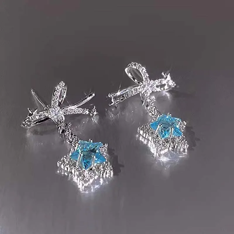 Kpop Y2K Blue Crystal Star Pendant Earrings for Women Exquisite Elegant Zircon Bowknot Pentagram Earrings Jewelry Birthday Gifts - Image 5