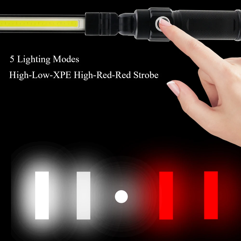COB XPE LED Camping Emergency Flashlight 18650 USB Garage Work Light 360&deg; Folding Magnetic Inspection Lamp Red SOS Strobe