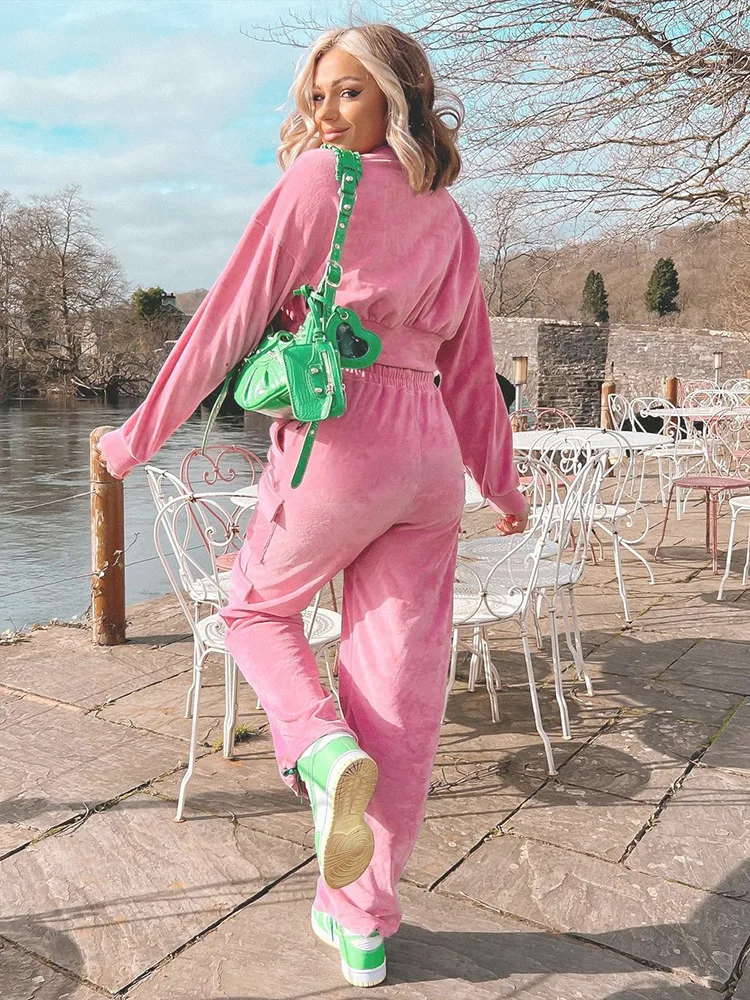 Velvet Crop Jacket 2 Piece Pants Sets Pink Women Outfit 2022