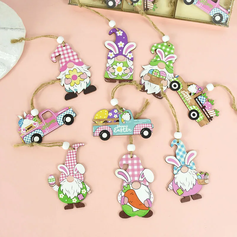 

9pcs Easter Decoration Wooden Pendant Faceless Gnome Cars Wood Crafts For Home Ornaments Easter Party Decoration Kids Gifts