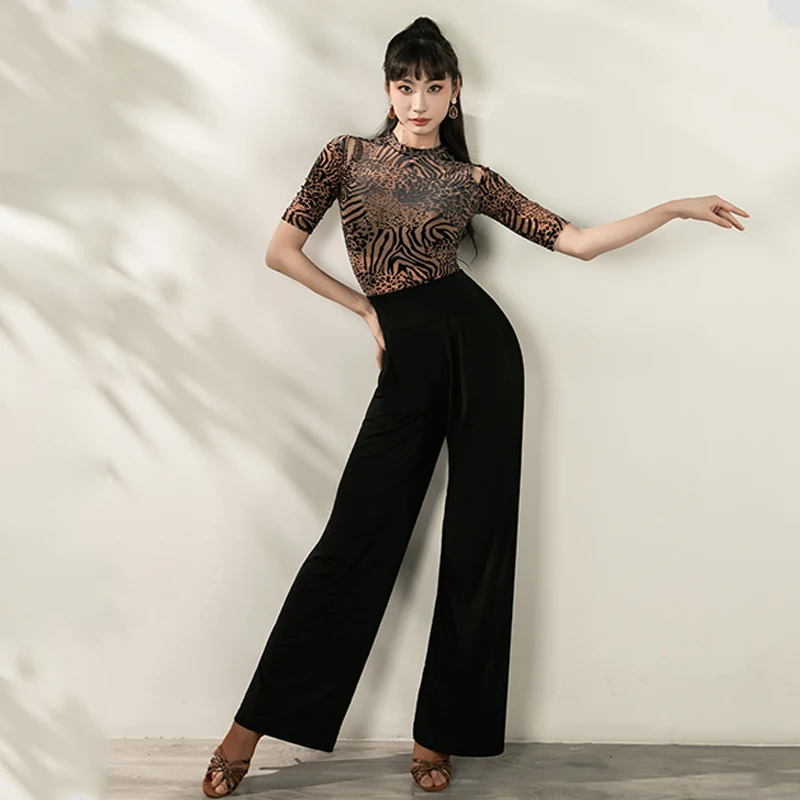 Latin Dance Tops Summer Short Sleeves Practice Clothes Adult Lace-Up Pants Cha Cha Rumba Ballroom Dance Clothing BL12352