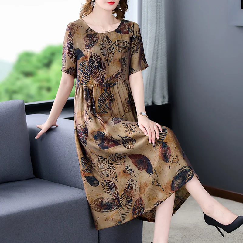 

Женское винтажное платье миди, элегантное свободное платье из шелка Mulberry с цветами и бровей, корейский стиль, повседневное и праздничное платье для лета, 2023