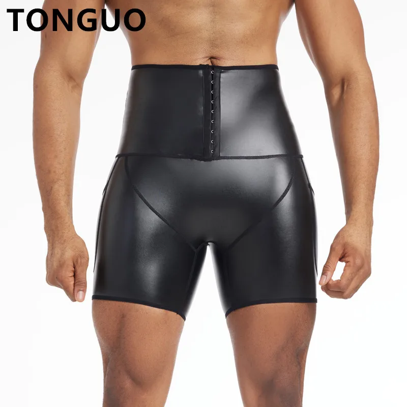 Men High Waist Fashion Fitness Slim Stretch Leather Pants Body Shaper Waist Trainer 3Hook Compression Leather Shorts with Pocket