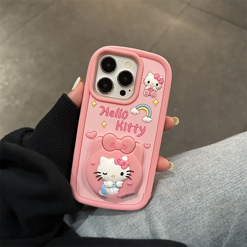 

Sanrio Kawaii Anima Hello Kitty Silica Gel Mobile Phone Case Cute Sweet Cartoon Mirror Phone Stand Lovely Gifts for Girls